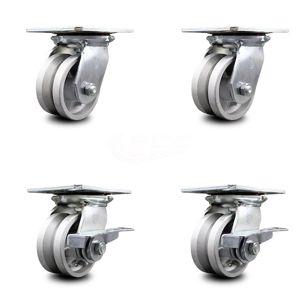 4 Inch V Groove Semi Steel Swivel Caster Set with Roller Bearings 2 Brakes SCC